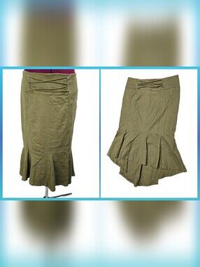 Olive Green High-Low Hem Trumpet Fishtail Ruffle Midi Skirt Lace-Up Detail